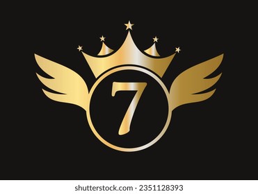 Letter 7 Wing Logo Concept With Crown Icon Vector Template. Wing Symbol