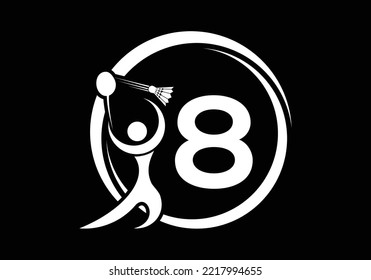 Letter 8 Badminton Logo Concept With Moving Badminton Icon. Badminton Sports Logotype Symbol Vector Template.