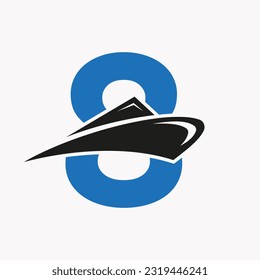 Letter 8 Cruise Ship Logo Boat Icon. Yacht Symbol, Marine Logotype Vector Template