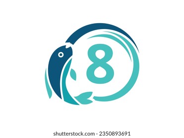 Letter 8 Fish Logo design. Water Animal icon. Font emblem. Modern vector logotype for business and company identity.