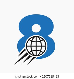 Letter 8 Global Logo Concept With Moving World Icon. Global Logotype Symbol Vector Template