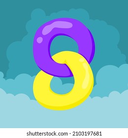 letter 8 initials Purple and yellow balloons are interlaced to form letters floating isolated on sky and clouds background, vector logo letter typography illustration.