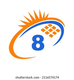 Letter 8 Inside Solar Cell or Solar Panel Energy Logo Design. Letter 8 Logo with Solar Elements, Sun, Solar Panels Sign