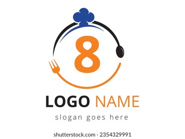 Letter 8 Logo With Chef Hat, Spoon And Fork For Restaurant Logo. Modern vector logo for café, restaurant, cooking business, and company identity