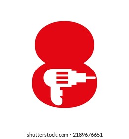 Letra 8 Concepto de diseño de logotipo de construcción de fabricación con plantilla de vector de símbolo de máquina de taladro