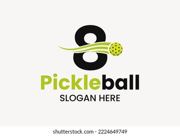 Letter 8 Pickleball Logo Concept With Moving Pickleball Symbol. Pickle Ball Logotype Vector Template