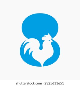 Letter 8 Poultry Logo With Hen Symbol. Chicken Logo, Rooster Sigh Vector Template