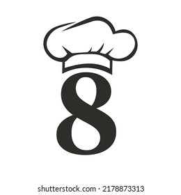 Letter 8 Restaurant Logo Concept with Chef Hat Vector Template. Restaurant Chef Hat Logo Symbol