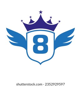 Letter 8 Transportation Logo With Wing, Shield And Crown Icon. Wing Logo On Shield Symbol