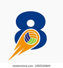 Letter 8 Volleyball Logo Concept With Moving Volley Ball Icon. Volleyball Sports Logotype Template