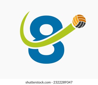 Letter 8 Volleyball Logo Concept With Moving Volley Ball Icon. Volleyball Sports Logotype Template