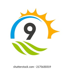 Letter 9 Agriculture Logo Vector Template. Agriculture Logo Concept with Green Field and Bright Sun Element