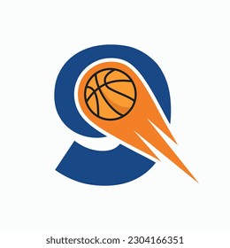 Letter 9 Basketball Logo Concept With Moving Basketball Icon. Basket Ball Logotype Symbol