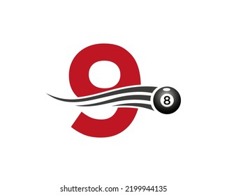 Letter 9 Billiards or Pool Game Logo Design For Billiard Room or 8 Ball Pool Club Symbol Vector Template