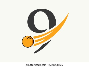 Letter 9 Bowling Logo. Bowling Ball Symbol With Moving Ball Vector Template
