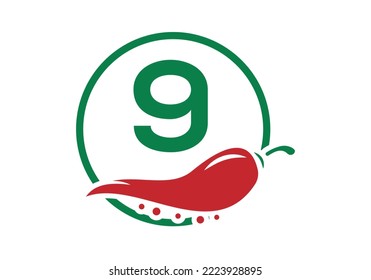 Letter 9 with Chili logo design. Chili logo with Letter concept vector icon logo design template.