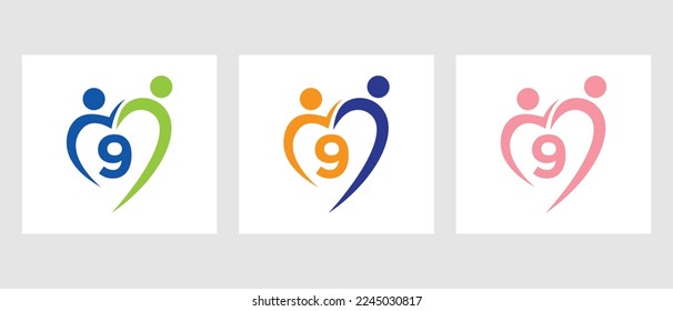 Plantilla de logotipo comunitario de la carta 9. Trabajo en equipo, Corazón, Gente, Cuidado Familiar, Logo De Amor. Signo de Fundación de Donación de Caridad