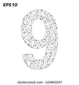 The letter 9 consists of points, lines and triangles. Vector illustration