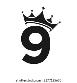 Logo De La Carta 9. Logo de la corona sobre la plantilla de vectores de letras 9 para la belleza, la moda, la estrella, elegante, el signo de lujo