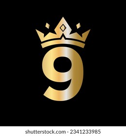 Logo De La Carta 9. Logo de la corona sobre la plantilla de vectores de letras 9 para la belleza, la moda, la estrella, elegante, el signo de lujo