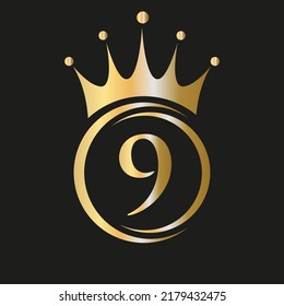 Letter 9 Crown Logo. Royal Crown Logo for Spa, Yoga, Beauty, Fashion, Star, Elegant, Luxury Sign