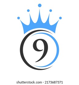 Plantilla de logotipo de la corona de la letra 9. Signo de lujo de logotipo de la corona real para belleza, moda, estrella, símbolo elegante