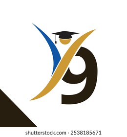 Letter 9 With Education Logo Design Vector Template. Graduation Hat Icon