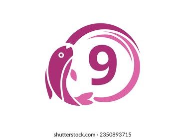 Letter 9 Fish Logo design. Water Animal icon. Font emblem. Modern vector logotype for business and company identity.