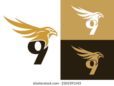  Letter 9 With Flying Eagle Logo Design Vector Template