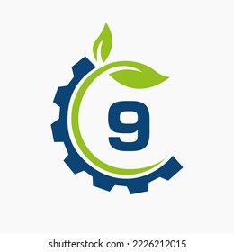 Letter 9 Gear Leaf Logo Design Vector Template. Leaf And Gear Symbol