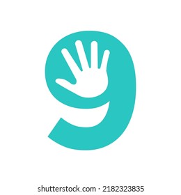 Letter 9 Hand Logo Concept For Hand Care, Charity Sign and Donation Logo Symbol Vector Template