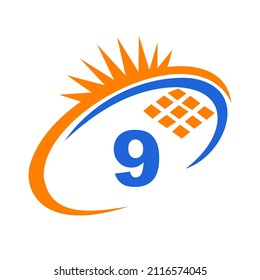 Letter 9 Inside Solar Cell or Solar Panel Energy Logo Design. Letter 9 Logo with Solar Elements, Sun, Solar Panels Sign