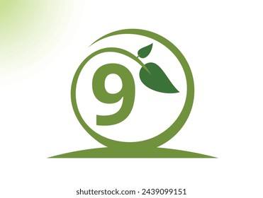Letter 9 Leaf Logo Design Vector letter template. With Leaf Symbol, Vector Illustration.