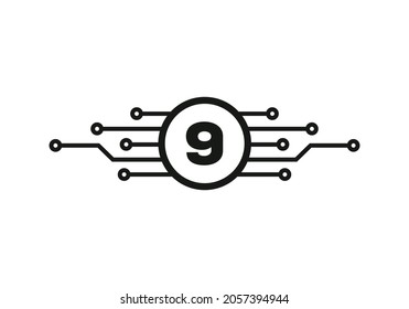 Letter 9 Logo Design Template. 9 Letter For Cyber Logo Protection, Technology, Biotechnology And High Tech. Network Logo Design