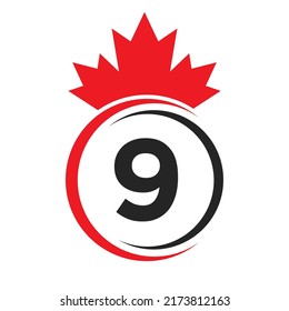 Letter 9 Maple Leaf Logo Template Symbol of Canada. Minimal Canadian Business, Company Logo Concept With 9 Alphabet Vector