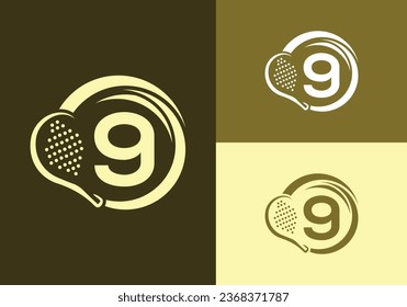 Letter 9 With Padel Racket Logo Design Vector Template. Beach Table Tennis Club Symbol. business, and company identity