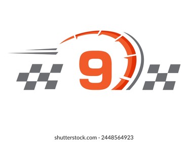 Letter 9 with Racing Flag Logo. Speed Logo Symbol