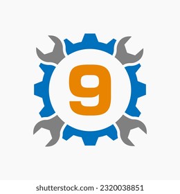 Letter 9 Repair Logo Gear Technology Symbol. Construction Service Logo Design