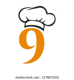 Letter 9 Restaurant Logo Concept with Chef Hat Vector Template. Restaurant Chef Hat Logo Symbol