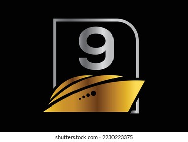 Letter 9 with the ship, cruise, or boat logo design template, icon sign symbol ocean waves vector illustration.