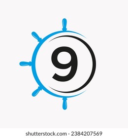Letter 9 Ship Logo Concept With Ship Wheel Symbol Vector Template