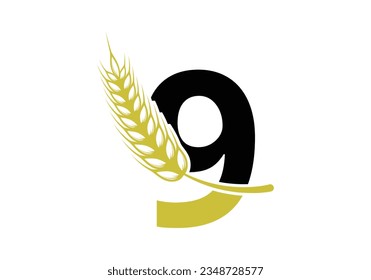 símbolo del signo de la letra 9 con orejas de trigo corona. Símbolo vector de plantilla de cultivo con logotipo agrícola