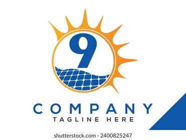 Letra 9 con panel solar y placa de vectores de diseño con logotipo de signo solar.
