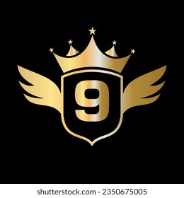 Letter 9 Transportation Logo With Wing, Shield And Crown Icon. Wing Logo On Shield Symbol