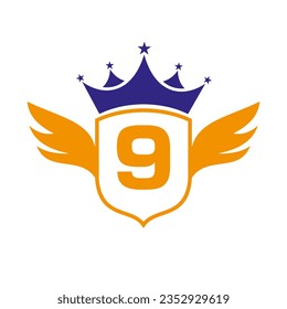 Letter 9 Transportation Logo With Wing, Shield And Crown Icon. Wing Logo On Shield Symbol