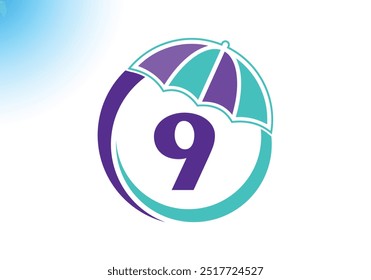 Letter 9 Umbrella Logo Design Vector Template.