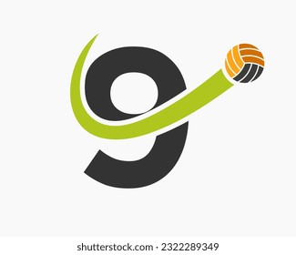 Letter 9 Volleyball Logo Concept With Moving Volley Ball Icon. Volleyball Sports Logotype Template