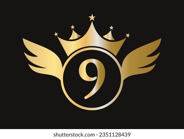 Letter 9 Wing Logo Concept With Crown Icon Vector Template. Wing Symbol