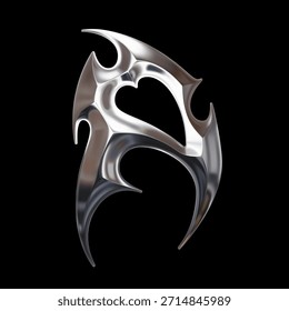 Letter A, 3D chrome typographic symbol with sharp tribal ornamental forms, rendered as a polished metallic object reflecting a futuristic cybersigilism aesthetic inspired by Y2K