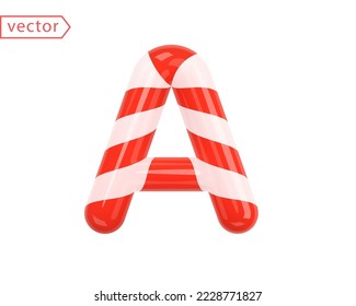 Carta A. Símbolo 3d de color blanco entrelazado con una cinta roja. Carta como Candy Cane al estilo de las caricaturas. Objeto brillante aislado en fondo blanco. Ilustración vectorial de signo de icono 3d
